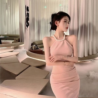 Đầm Hai Dây Mùa Hè Kiểu Pháp Ôm Eo Xẻ Tà Màu Hồng Cho Nữ