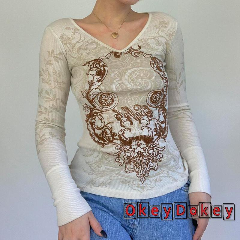 Áo Thun Tay Dài Cổ Chữ V In Họa Tiết Fairycore Grunge y2k Phong Cách Vintage Dành Cho Nữ