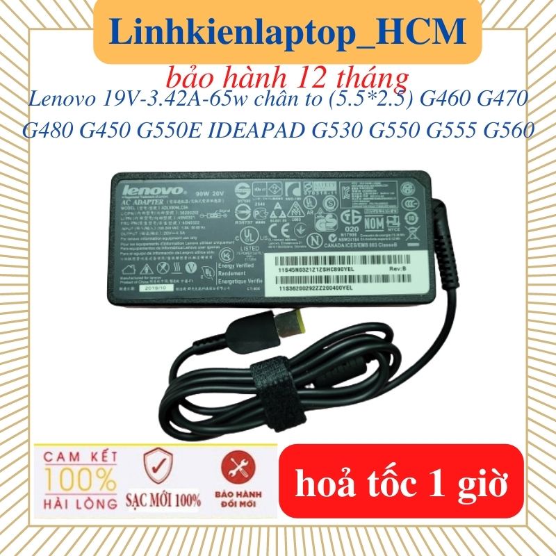 Sạc Laptop Lenovo G450 G460 G470 G480 IDEAPAD G530 G550 G550E G555 G560 -Sạc Lenovo 19V-3.42A-65w chân thường 5.5*2.5mm