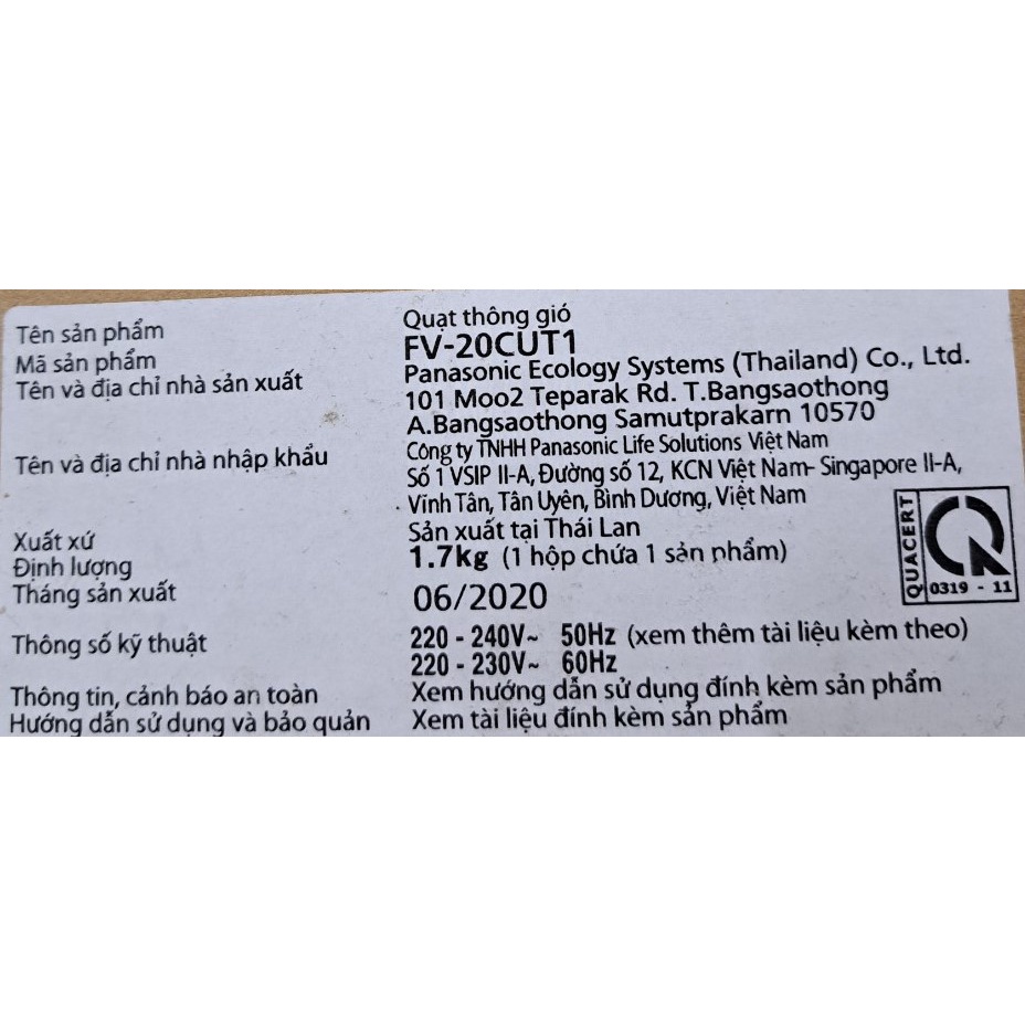 [PANASONIC | FV-20CUT1] Quạt hút thông gió âm trần Panasonic FV-20CUT1