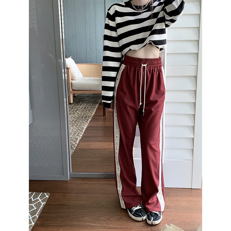 Quần thể thao ống rộng lưng cao phối dây rút phong cách Hàn Quốc cổ điển thời trang cho nữ 2 màu tùy chọn