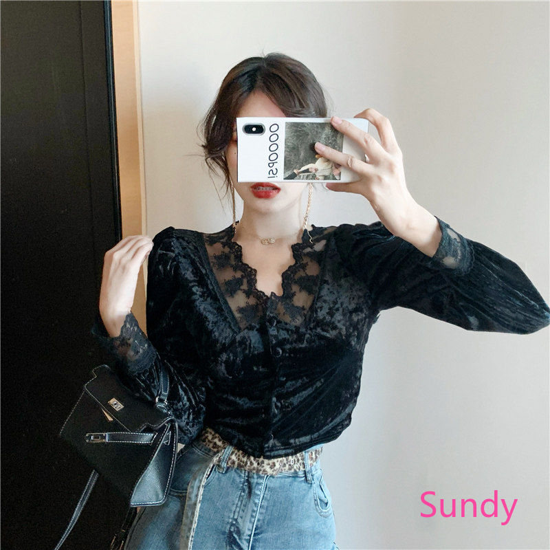 Áo Kiểu Tay Dài Phối Ren Hoa Thiết Kế Cổ Chữ V Quyến Rũ Cho Nữ