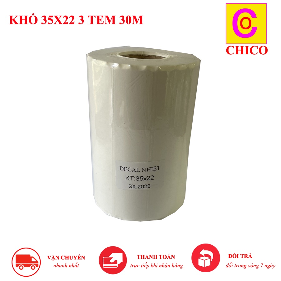 Giấy In Mã Vạch 3 Tem  - Decal Nhiệt 3 Tem 35x22x 3 tem 30m  , Cuộn 30m 35x22x2 tem