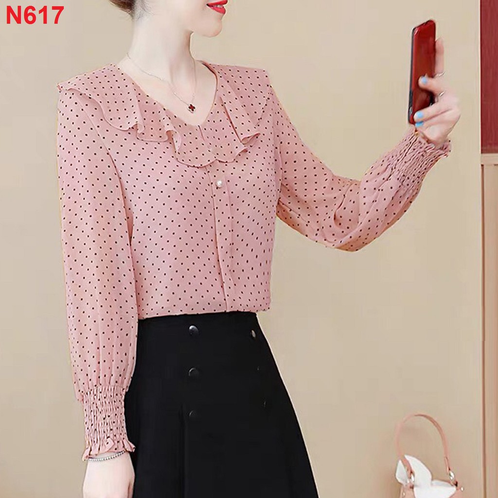 Áo Sơ Mi Chấm Bi Cổ Tròn Phối Bèo Akara N617