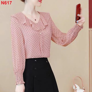 Áo sơ mi chấm bi cổ tròn phối bèo akara n617