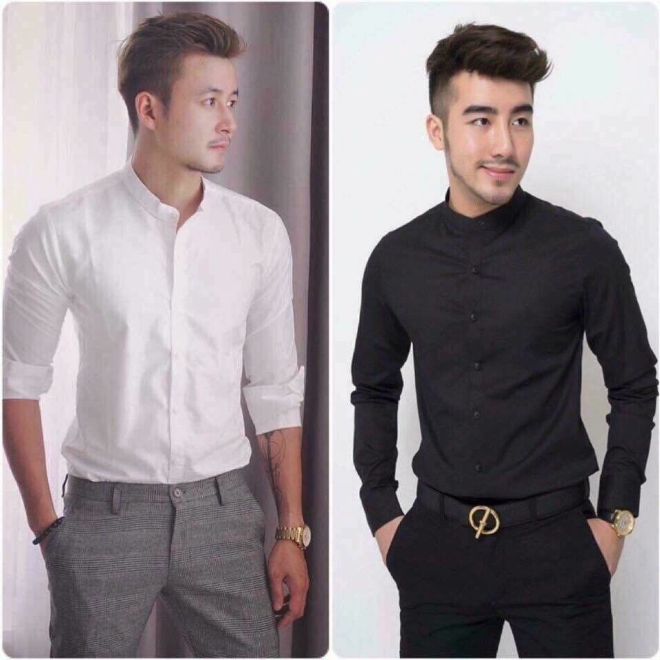 ÁO SƠ MI TRƠN CỔ TÀU ĐEN - TRẮNG VẢI LỤA CHỐNG NHĂN | BigBuy360 - bigbuy360.vn