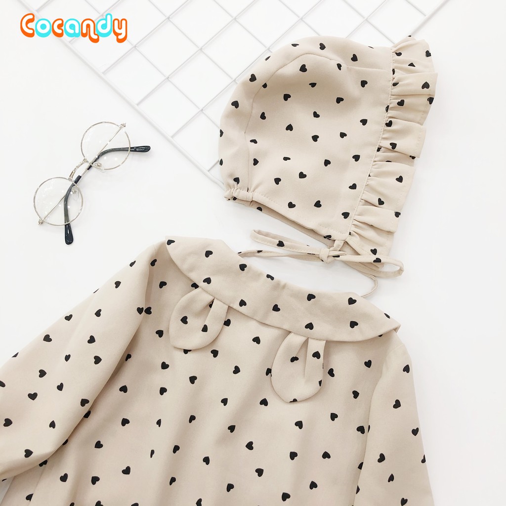 [Cocandy Official Store] Bodysuit -Họa tiết trái tim kèm mũ cho bé gái