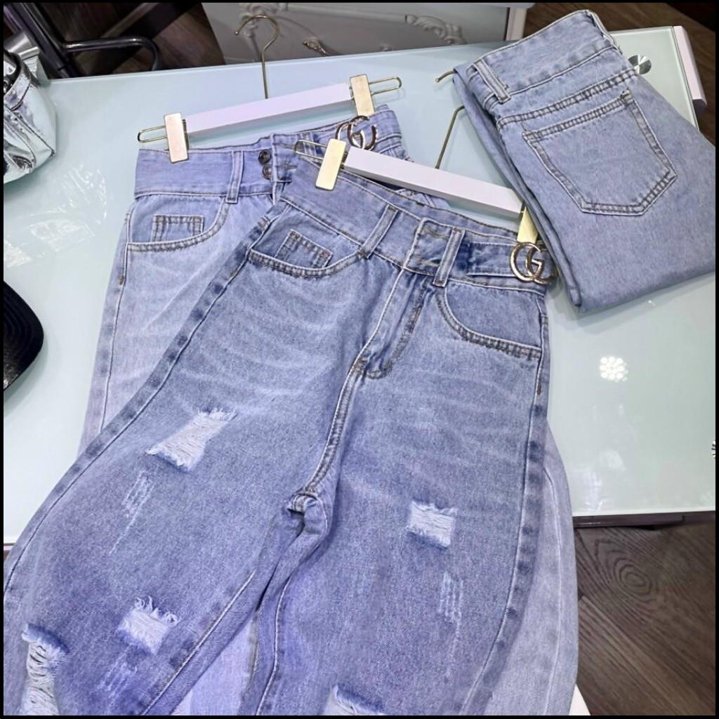 Quần Baggy Jean Nữ Rách Tinh Tế Lưng Cao Trang Nhã Phong Cách Hàn Quốc