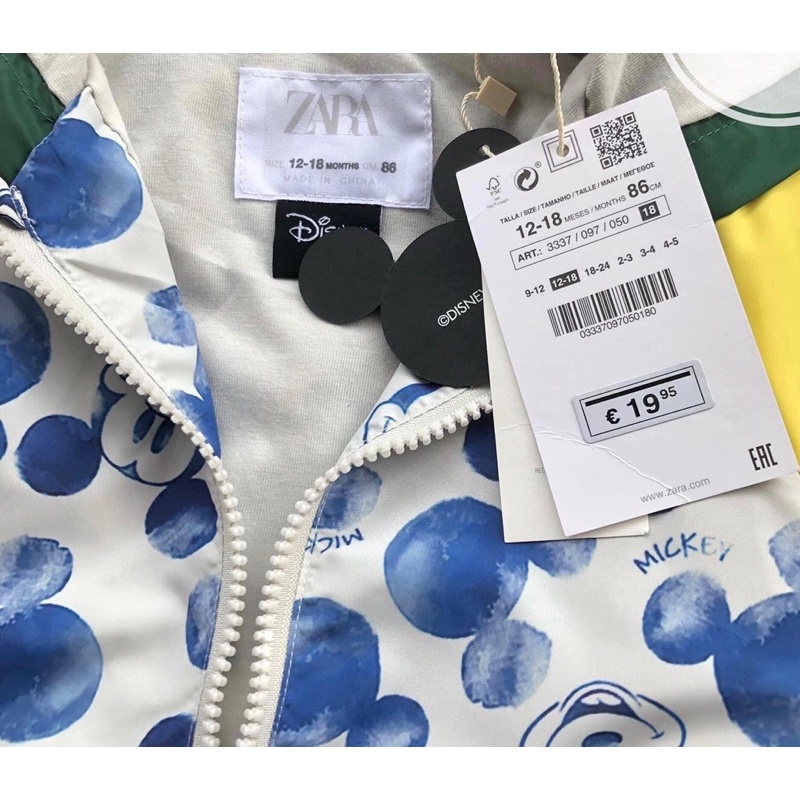 Áo khoác gió Mickey Zara sz 9/12M