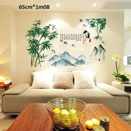 decal dán tường cây và núi