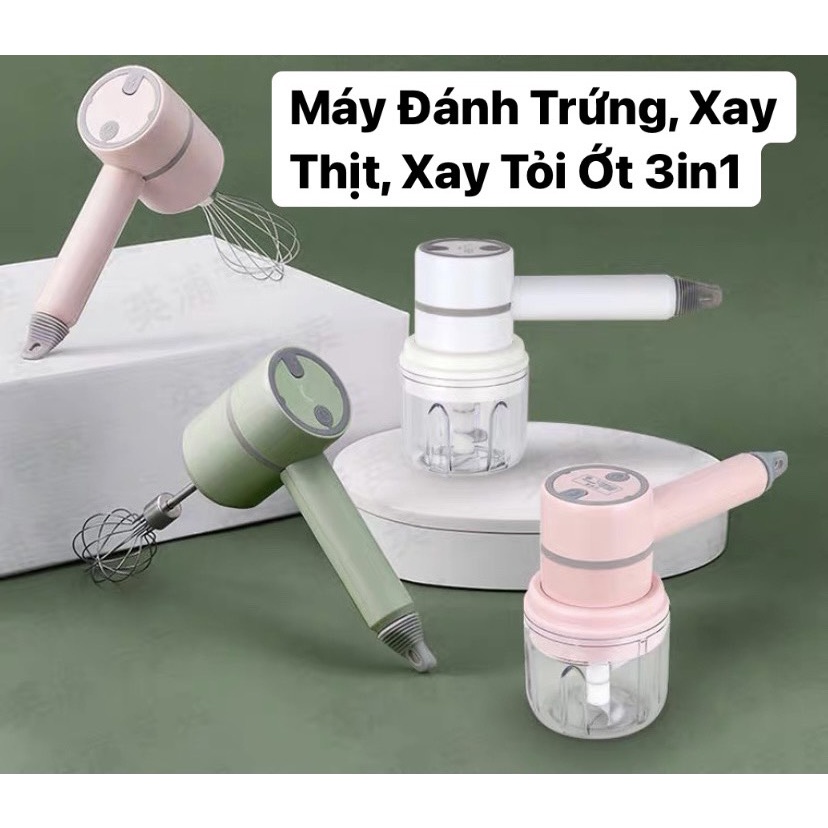 Máy Đánh Trứng Kiêm Xay Thịt, Xay Tỏi Ớt Mini Cầm Tay 3 Trong 1 Không Dây