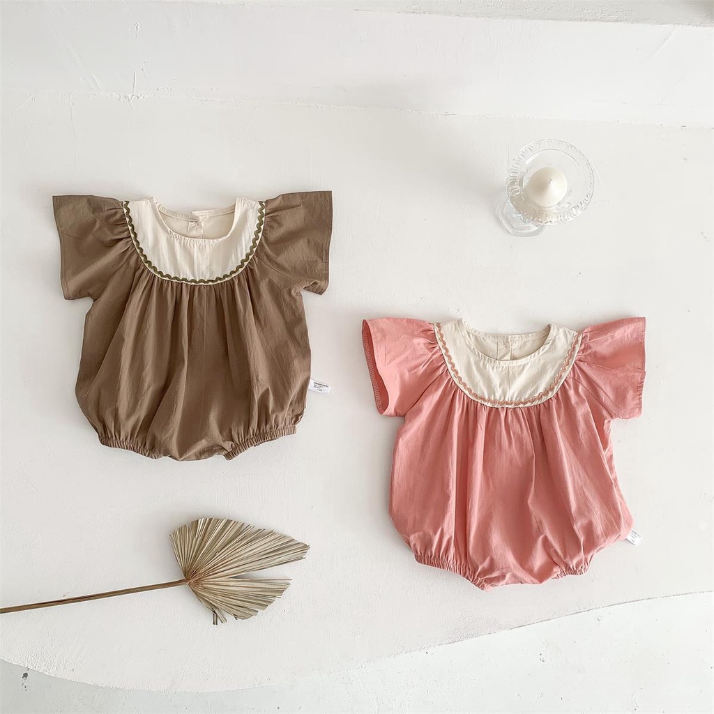 Bộ Áo Liền Quần Vải Cotton Tay Ngắn Màu Trơn Dễ Thương Cho Bé Sơ Sinh
