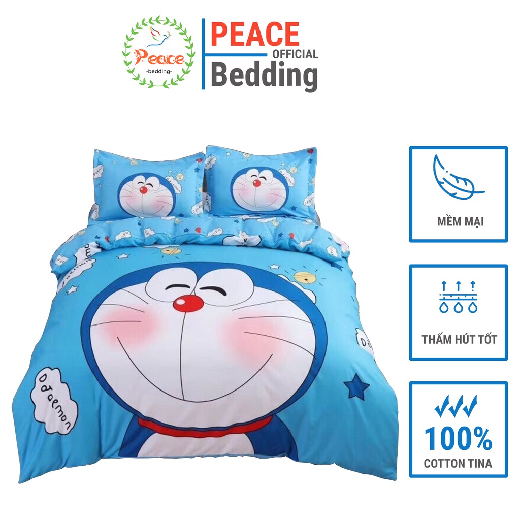 Set Chăn Ga Gối Coton Tina Cao Cấp Mẫu Doremon Mềm Min, Thoáng Mát, Thấm Hút Tốt, Màu Sắc Rõ Nét Cho Đệm M2, M4, M6, M8