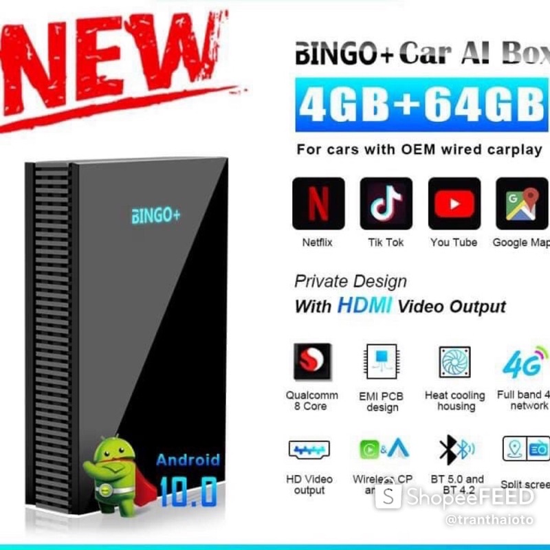 Đồ chơi ô tô -Android box Bingo hệ điều hành Android 10 - 4G/LTE