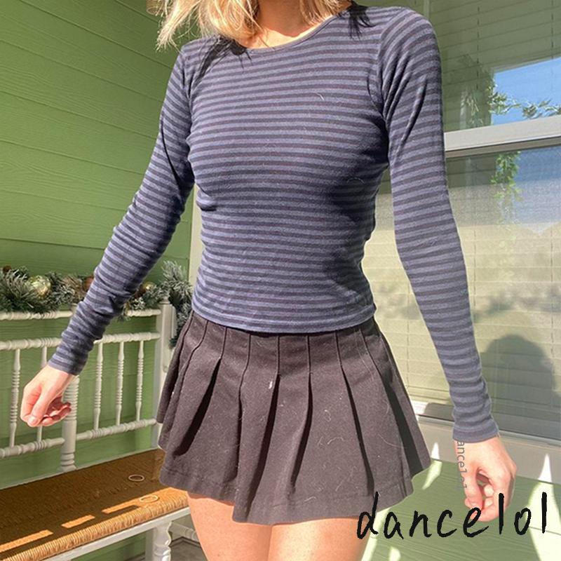 Áo Thun Tay Dài Cổ Tròn In Họa Tiết Kẻ Sọc Khiêu Vũ1O1-Y2k Cho Nữ