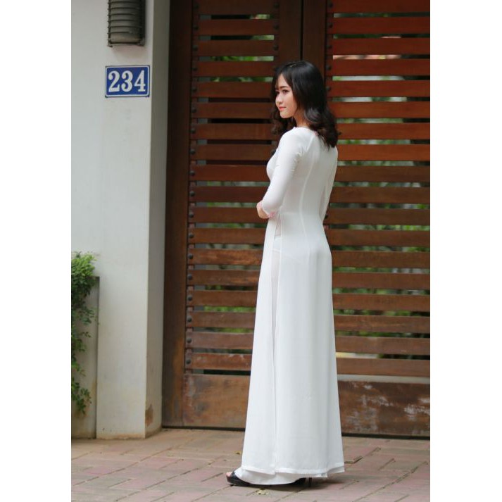 Freeship 99k TQ_Aó Dài chiffon Cổ Tròn May theo số đo Màu Trắng