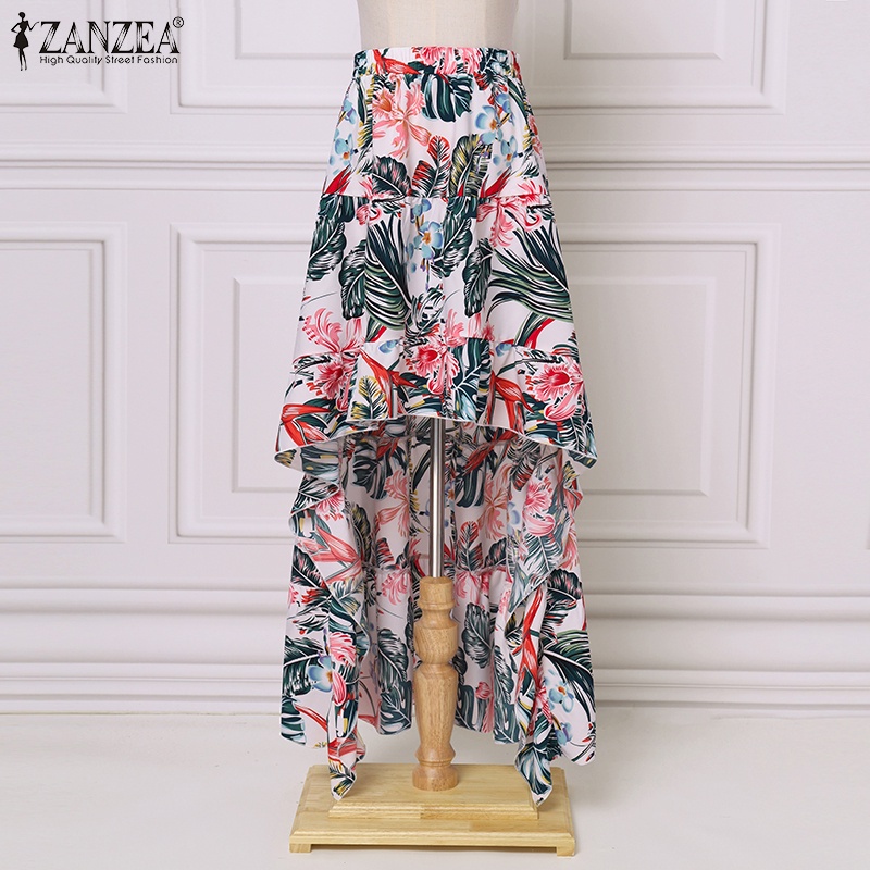Chân Váy Dài ZANZEA In Hoa Lưng Co Giãn Vạt Trước Ngắn Vạt Sau Dài Dáng Rộng Cho Nữ
