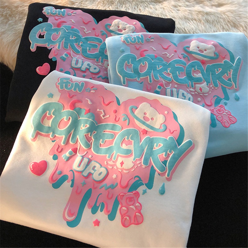 【HangFei】Áo Thun Nỉ Tay Dài Dáng Rộng In Hình Gấu Dễ Thương