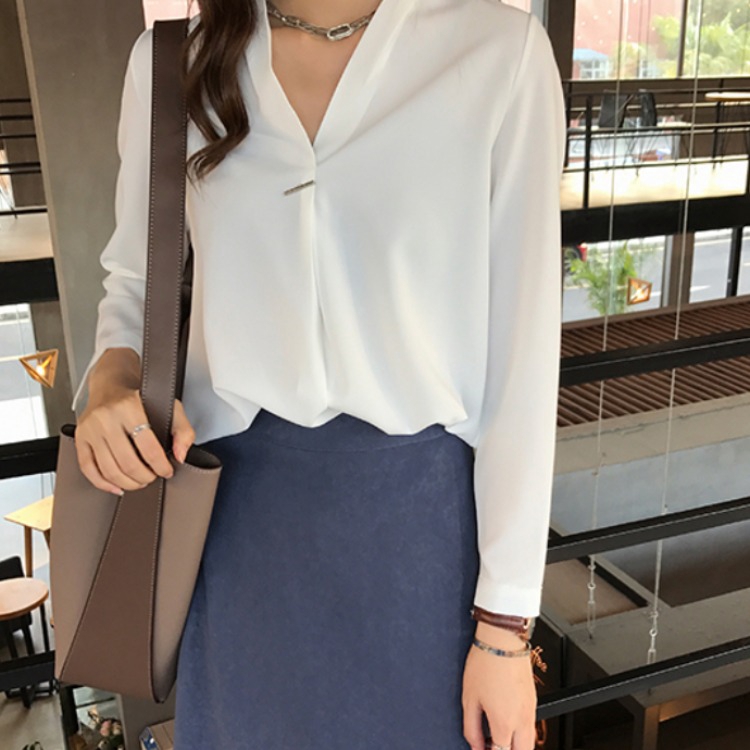 Áo sơ mi cổ V tay dài màu trơn thời trang cho nữ