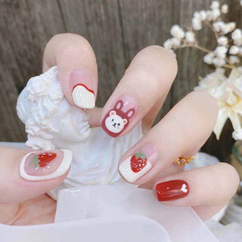 [Hàng có sẳn]Bộ 24 móng giả hoạ tiết dâu &amp; thỏ