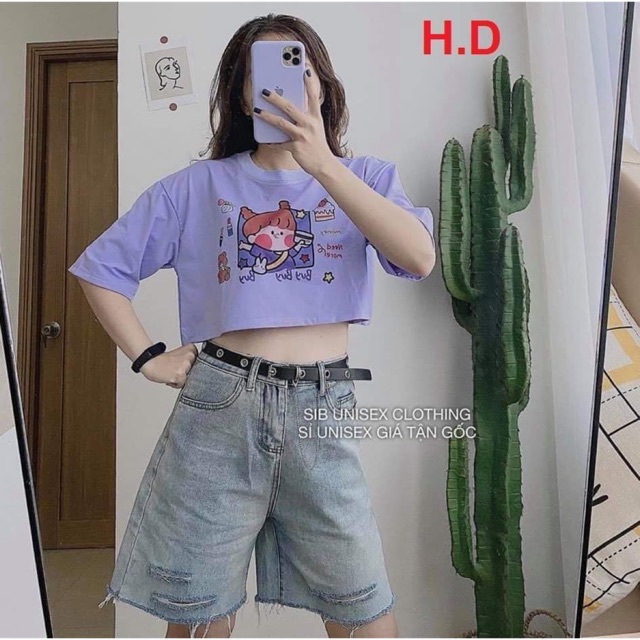 Sét áo croptop cô gái BUY+ quần đùi bò HĐ12