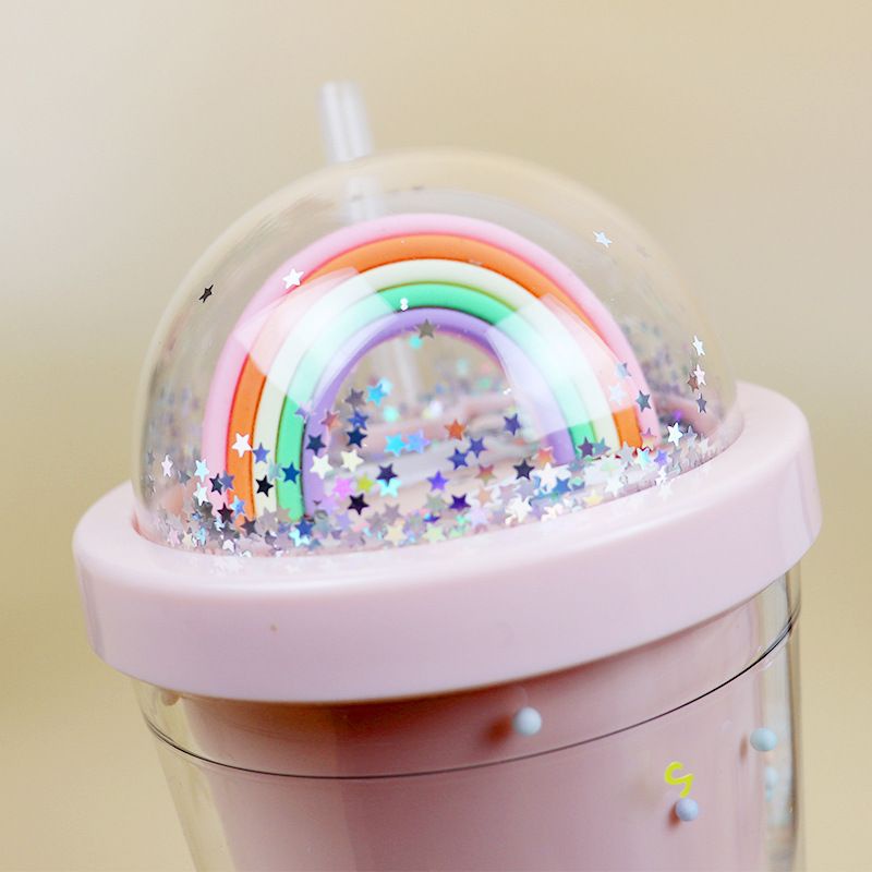 LY NƯỚC CẦU VÒNG HAI LỚP NHỰA GIỮ NHIỆT CÓ ỐNG HÚT VÀ BÔNG TUYẾT MÀU RAINBOW