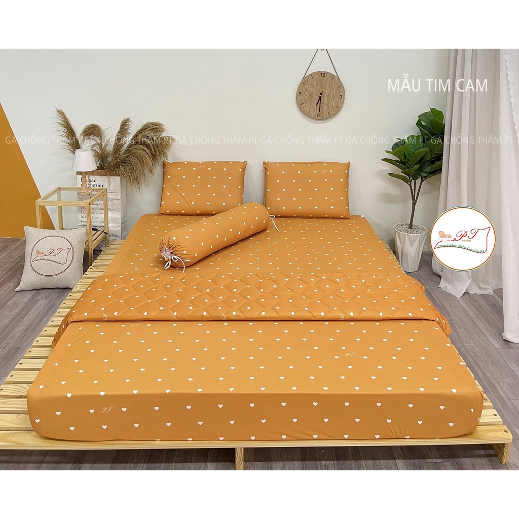 (Mẫu Tim Cam) Ga Chống Thấm PT Lụa Organic Siêu Mềm Mượt Mát Mịn Cho Bé