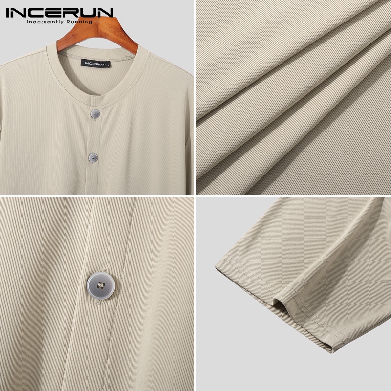 Áo dệt kim INCERUN tay ngắn cổ tròn phong cách Hàn Quốc cá tính thời trang cho nam