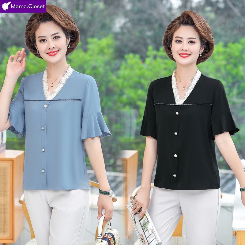 #X825 ÁO VOAN HỌA LỤA TRƠN CỔ PHỐI REN, ỐNG TAY CÁCH ĐIỆU. ÁO VOAN SANG TRỌNG CHO NGƯỜI TRUNG NIÊN MỚI NHẤT 2021