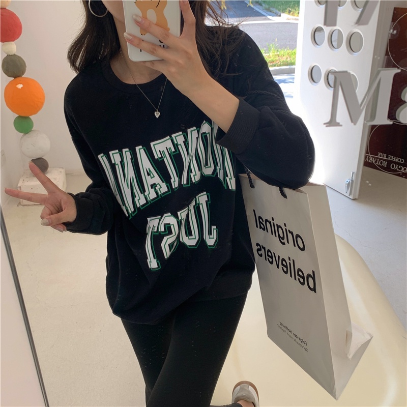 Áo Nỉ Nữ Dài Tay Cổ Tròn In Chữ Thời Trang Hàn Mới