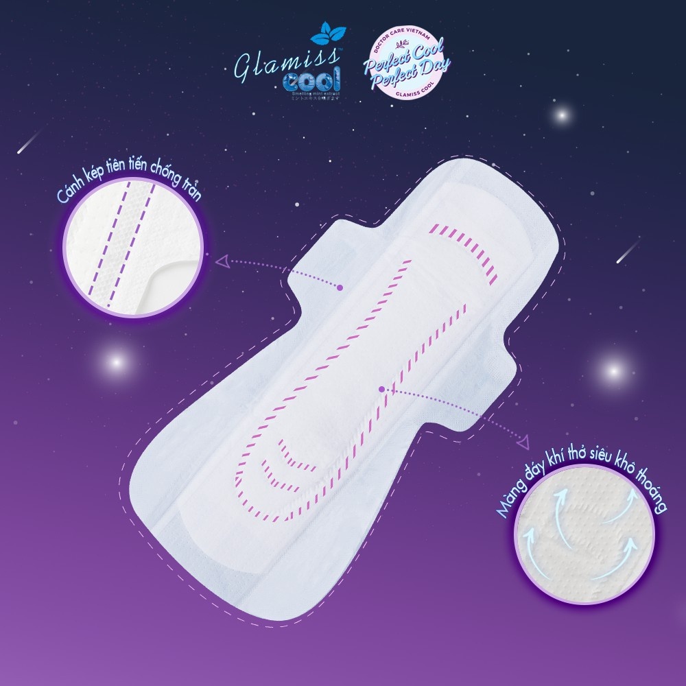 Băng vệ sinh thảo dược Glamiss Cool Extra ban đêm 33.5 cm siêu thấm hút an toàn cho mọi tư thế nằm - Gói 4 miếng