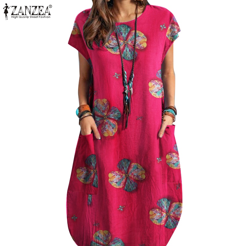 Đầm chữ A Zanzea tay ngắn cổ tròn in họa tiết hoa phong cách Bohemian thời trang cho nữ