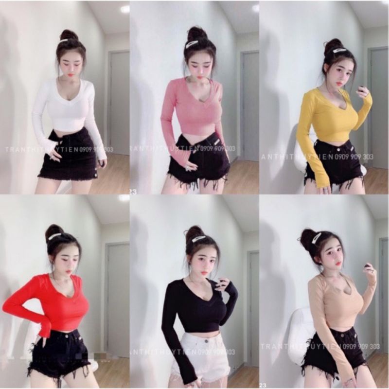 Áo thun croptop cổ tim tay dài ( ảnh thật %)