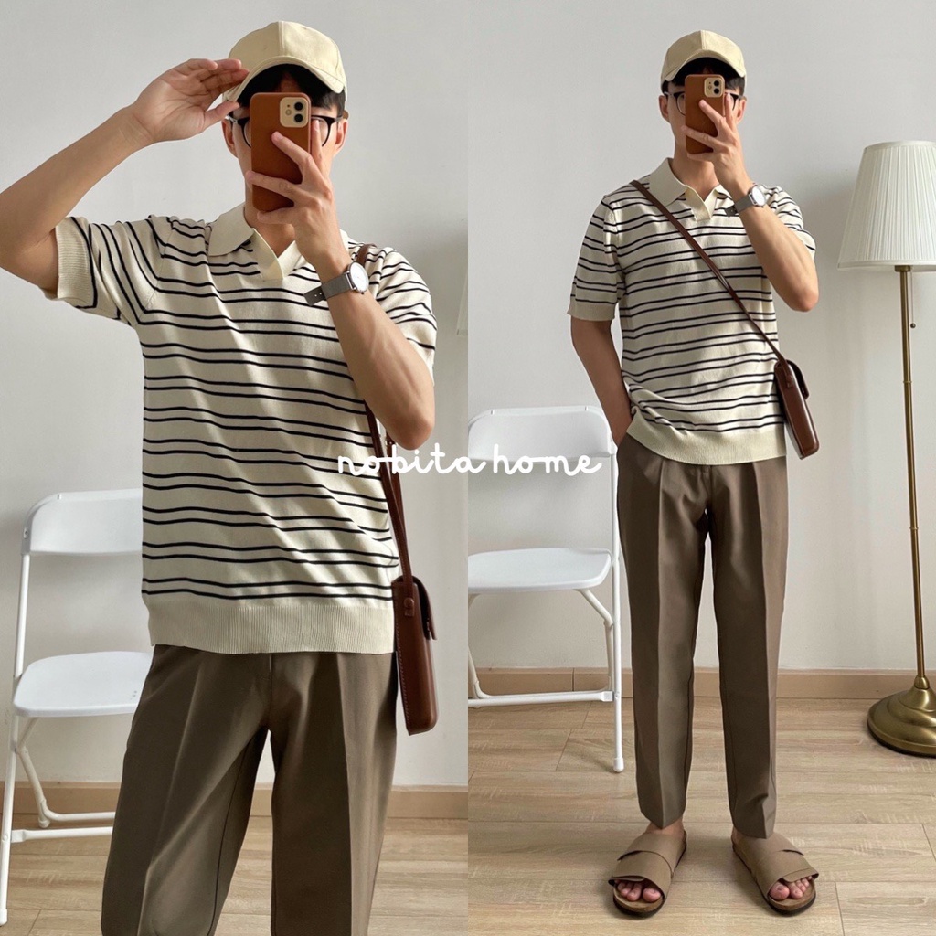 NOOBITA - Áo thun polo dệt kim kẻ sọc 7742