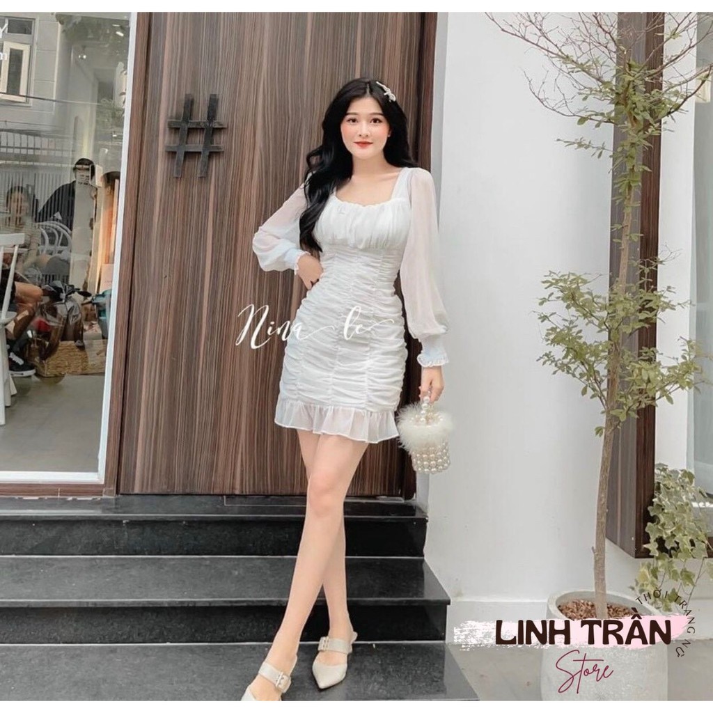 Đầm Trắng Voan Nhún Thân Chân Bèo 2 Lớp 🦋FREESHIP🦋 Váy Body Trắng Tay Dài Nhúng Thân Linh Trần Store