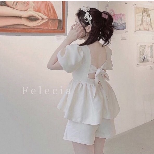 Set đồ nữ sang chảnh Set áo peplum thắt nơ sau mix quần short chất đũi lụa thoáng mát