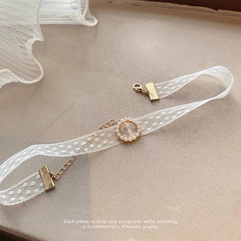 Vòng Cổ Choker Dây Ren Trắng Đính Ngọc Trai Phong Cách Hàn Quốc