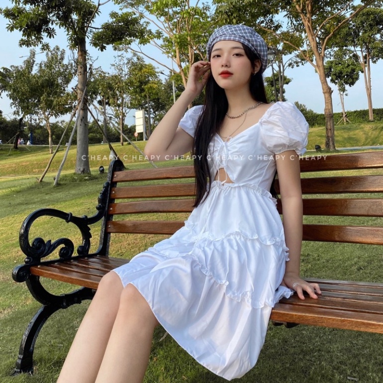 Đầm babydoll tiểu thư, váy nữ sang chảnh rút dây khoét eo ullzang _Rosyhana