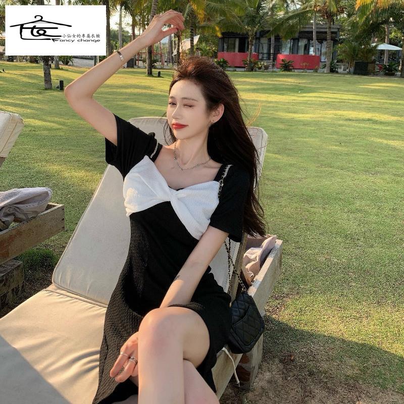 Đầm Ngắn Màu Đen Kiểu Pháp Đính Nơ Thời Trang Mùa Hè 2022 Cho Nữ