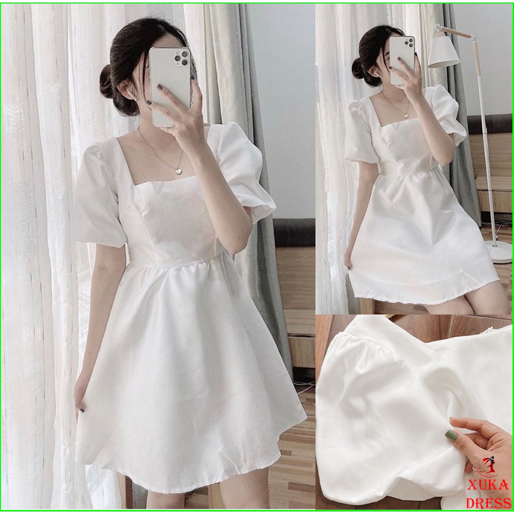 Đầm váy nữ dáng suông BabyDoll trắng cổ vuông tiểu thư cá tính xinh đẹp XUKA DRESS MT100