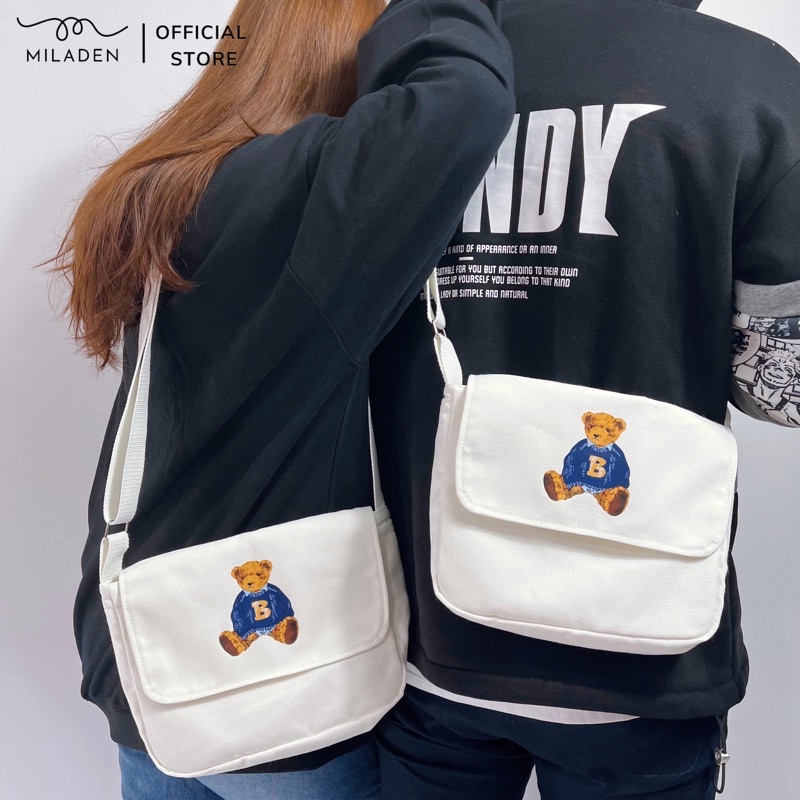 Túi đeo chéo canvas đi chơi đi học nam nữ unisex gấu teddy thương hiệu MILADEN