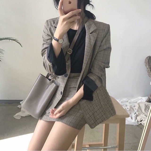 Set caro blazer (gồm áo vest + chân váy) CARO YAYSHOP cá tính năng động (hình thật )