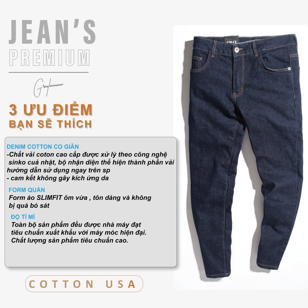 Quần Jean Nam GrayHomme Màu Xanh, Phom Ôm, Trẻ Trung, Thanh Lịch, Co Giãn Tốt