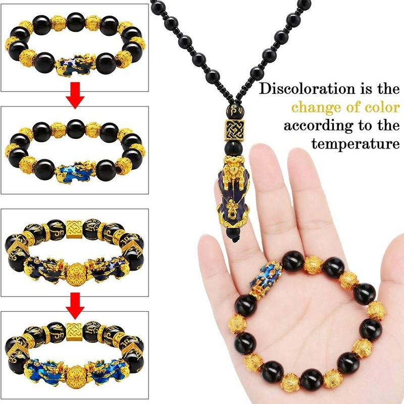 Vòng Tay/Vòng cổ Xỏ Hạt Đá Obsidian Màu Đen Có Thể Điều Chỉnh Phối Mặt Dây Khắc Hình Tỳ Hưu