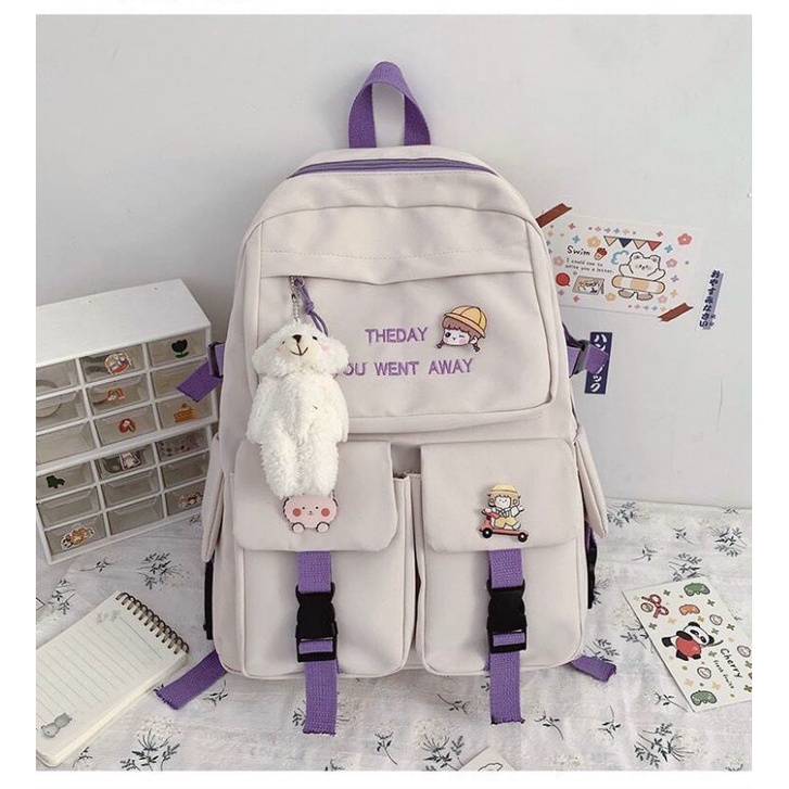 Balô học sinh QCL1 chất vải Canvas kèm móc thú và stickers