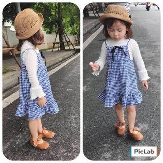 Set váy kẻ karo xanh cho bé gái