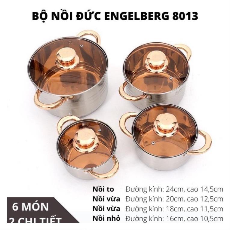 Bộ Nồi Inox 6 Món 5-9 Đáy 12 Chi Tiết, Chống Dính Đức CHEF&amp;CHE/ ENGELBER/KaisaVila- Ko Gỉ Kèm Năp Kính, Dùng Mọi Bếp