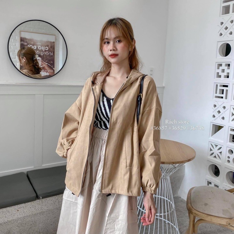 [RÁCH STORE] Áo Khoác Nhung Trơn Túi Chéo Tay Phồng