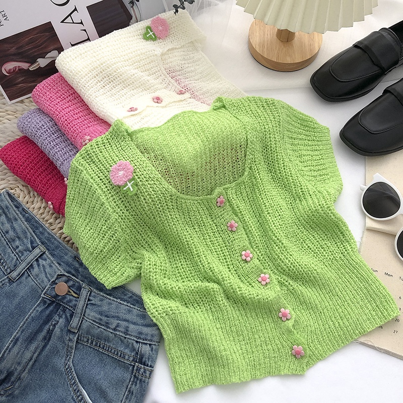 Áo Cardigan Dệt Kim Tay Ngắn Đính Cánh Hoa Dễ Thương