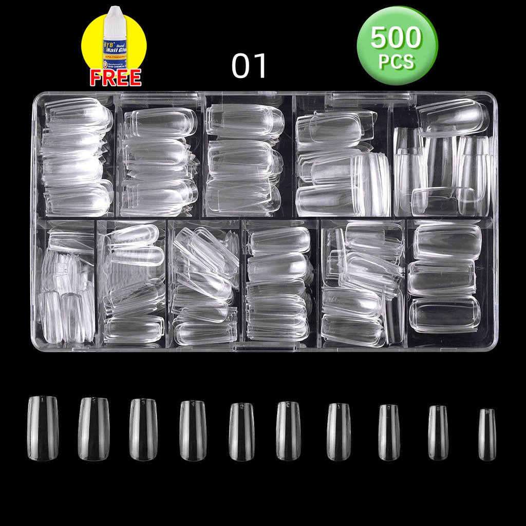 MONJA Hộp 500 Móng Tay Giả Trong Suốt Kèm Keo Dán Tiện Dụng